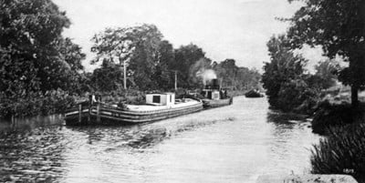 black and white canal steamboat