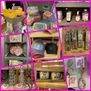 Collage of eclectic boutique gift items and accessories.