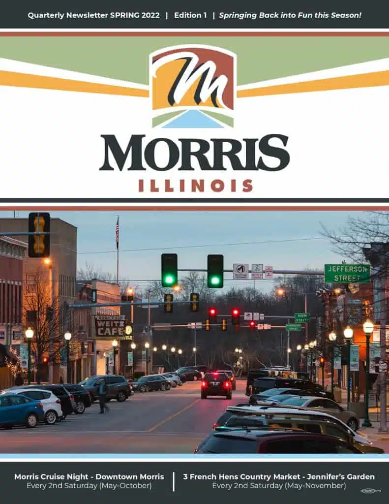 Spring newsletter cover for Morris, Illinois with events.