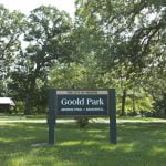 Goold Park sign in Morris, summertime greenery.