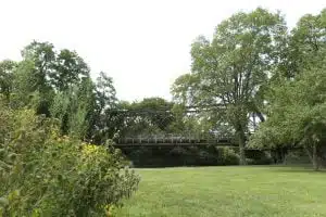 Rustic metal bridge surrounded by green trees and grass.