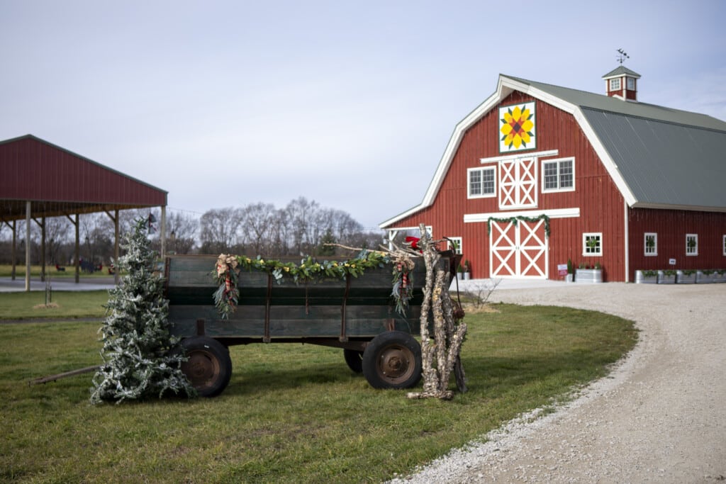 Decorated farmhouse with wagon for Christmas.